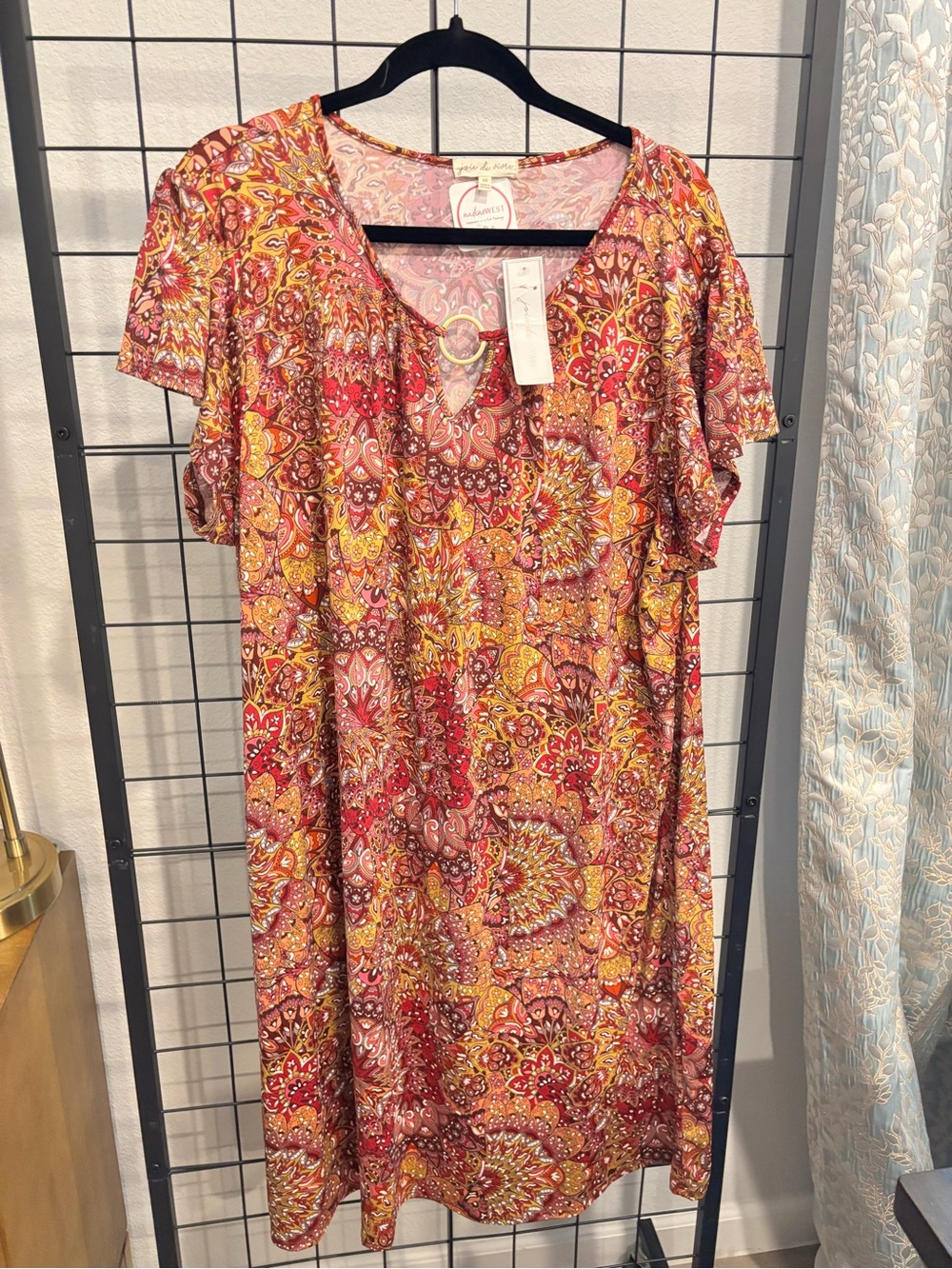 Paisley Midi Dress with V-Neck and Flutter Sleeves in Red / Yellow